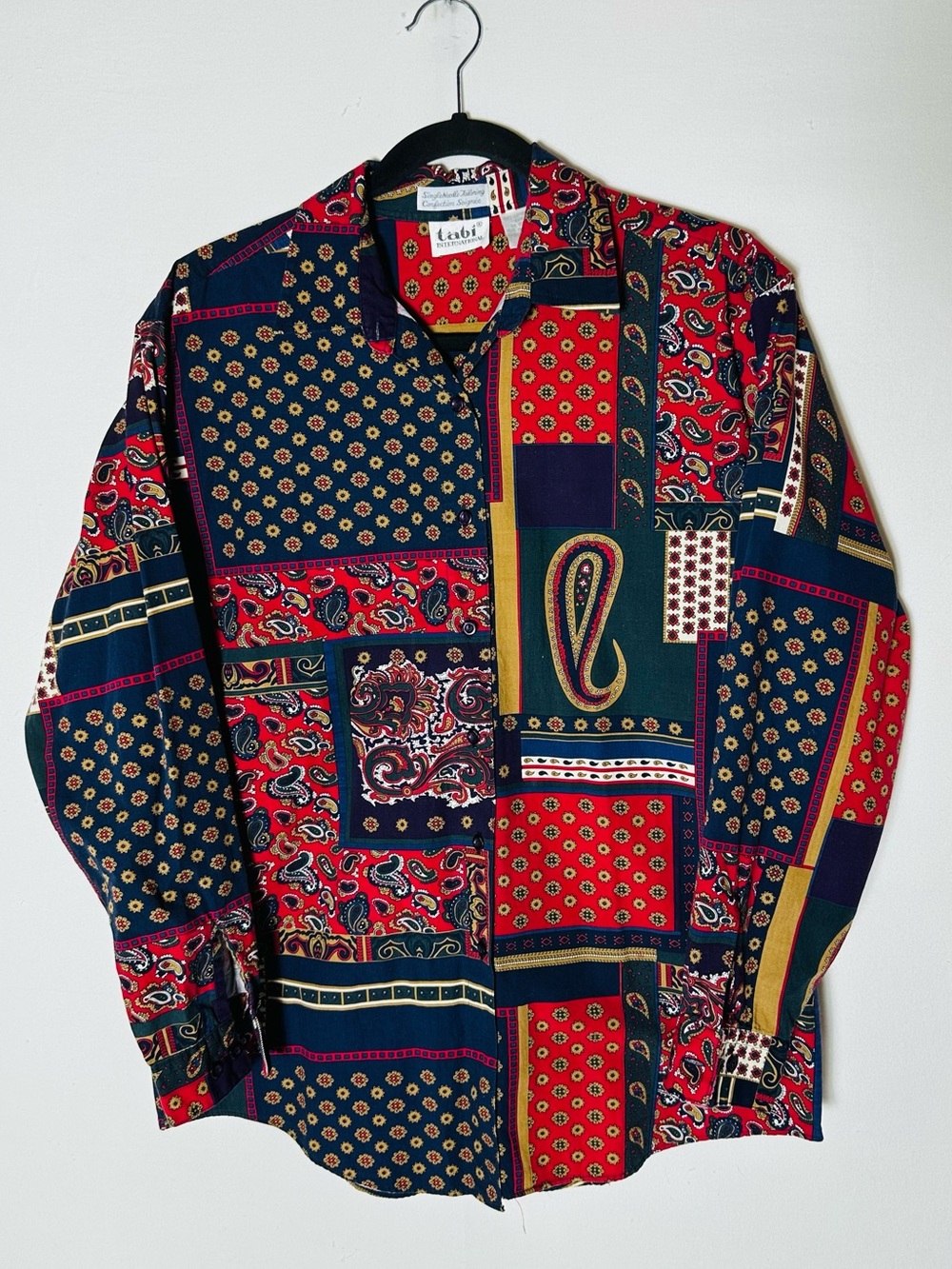 Vintage 90s Tabi Red Navy Patchwork Paisley Bandana Print Button Up Shirt L